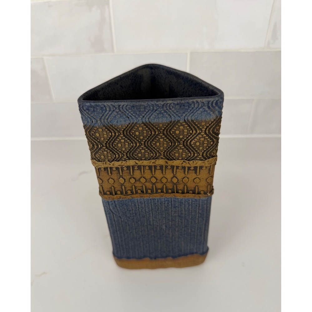 GRM Studio Pottery Triangular Vase Handmade Stoneware Blue Brown Geometric Boho